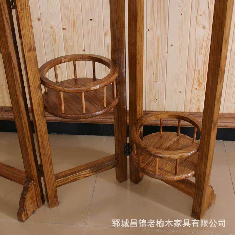 老榆木盆折叠屏风隔断客厅户酒店花装架入门实木屏风移动饰盆栽绿