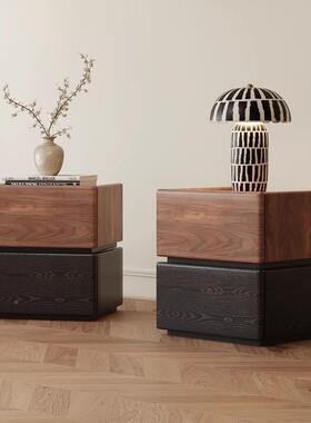 拼色全实床头柜简约胡桃木木边柜卧室物自67031由组合纯实木储斗