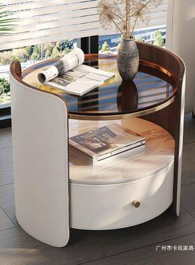 意式圆形床头木柜极简马鞍皮现代斗柜卧床室边实WEJ小收纳柜子