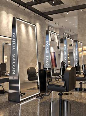 网红理灯发店台单双面落地镜美发镜店镜子带不锈廊钢剪86530发镜