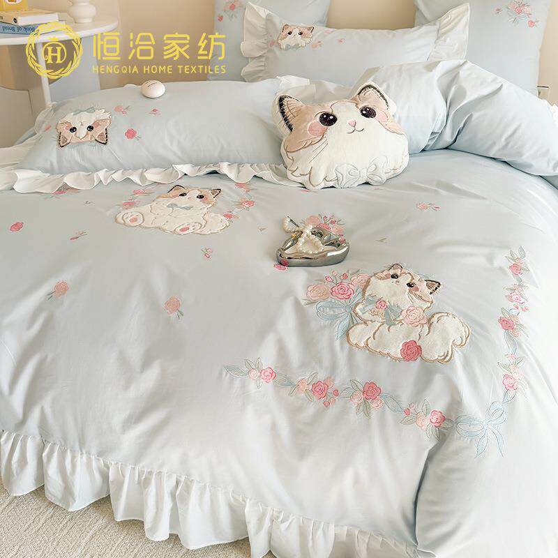 送抱枕卡通全棉水洗棉四咪件套纯棉可爱猫刺绣1被套床慕笙品蓝.2