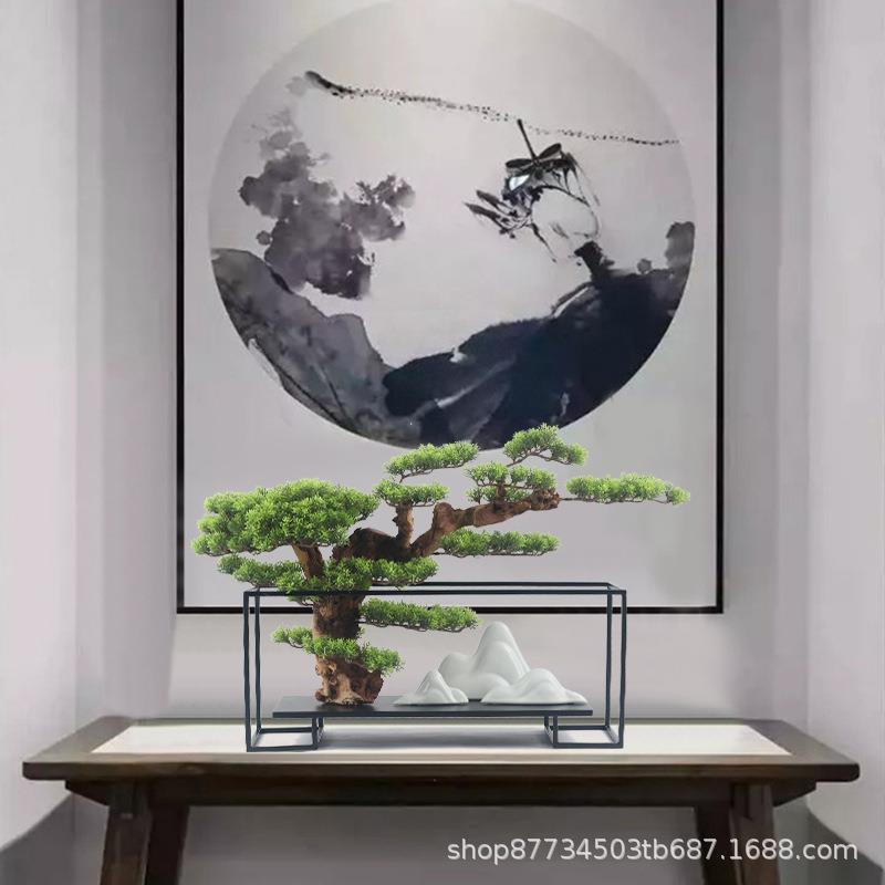 真迎松客汉盆景办公仿室摆件新中式绿客植厅玄92关装饰品罗松酒店