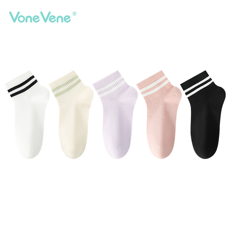 5双装 往往精梳棉袜子女抗菌吸汗学院风运动条纹中短筒
