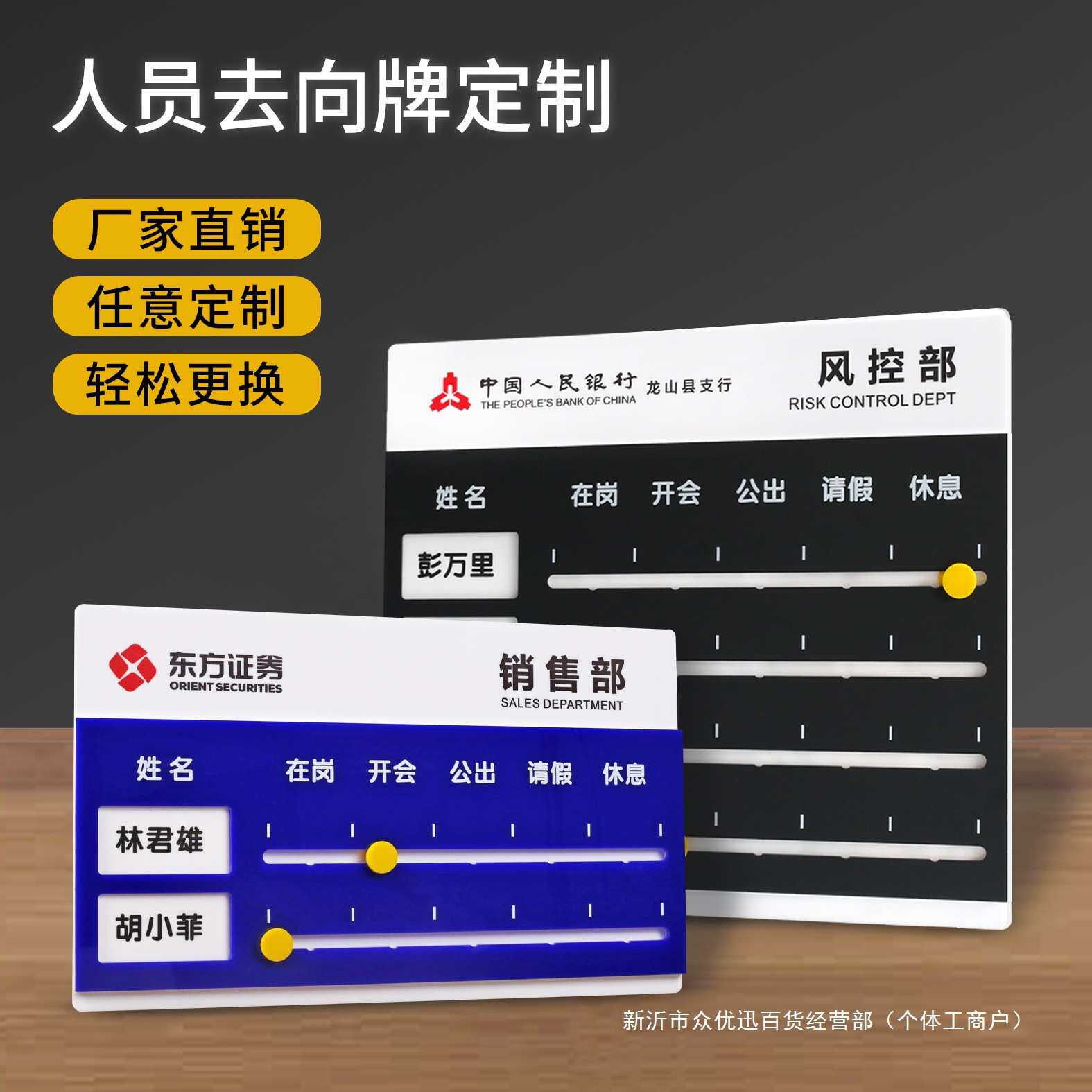 亚克力办公室岗位值班人员去向牌特制职员外出请假工作状态提示牌
