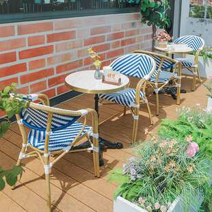 法式编藤桌庭院户外桌椅 别墅岩板桌花园露天休闲家用奶茶店桌椅