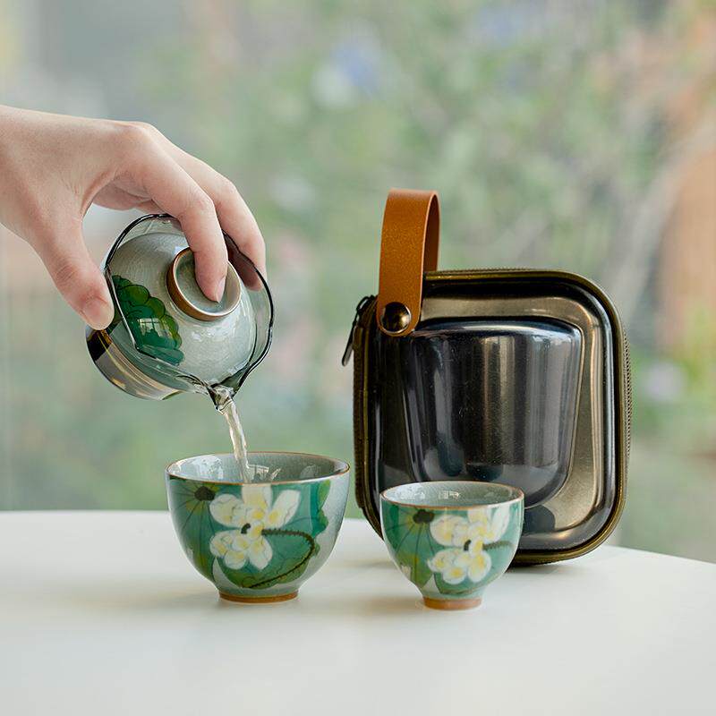 昌朴居手绘夏荷冰片釉旅行茶具套装户外陶瓷便携式茶具玻璃快客杯
