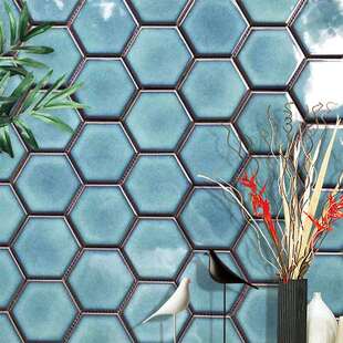 北欧蓝绿釉面陶瓷大六角马赛克瓷砖防滑地砖浴室洗手间墙面