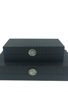 新中式手工制作家居木质黑色复古编织纹软装收纳盒样板房饰品摆件