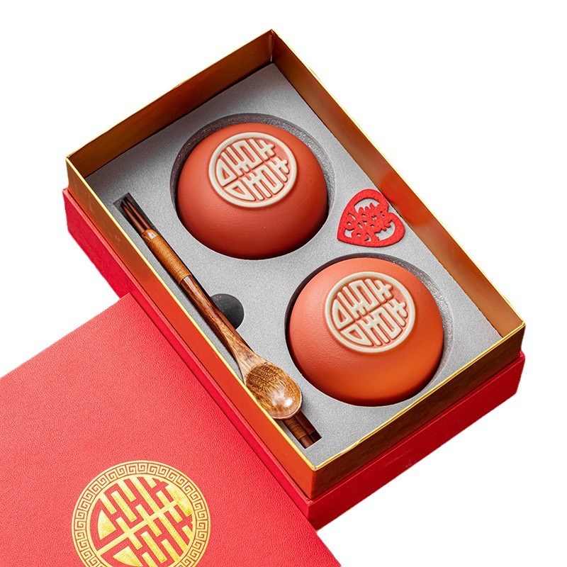 亲迎碗筷套装结婚红色一对喜碗喜筷喜勺女方新娘陪嫁嫁妆婚庆用品