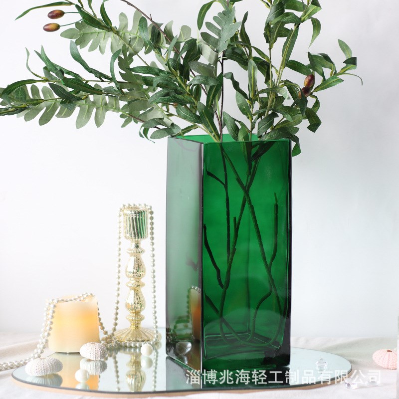 加厚绿色方形玻璃花瓶大号富贵竹水培插花方缸高级感婚礼客厅摆件