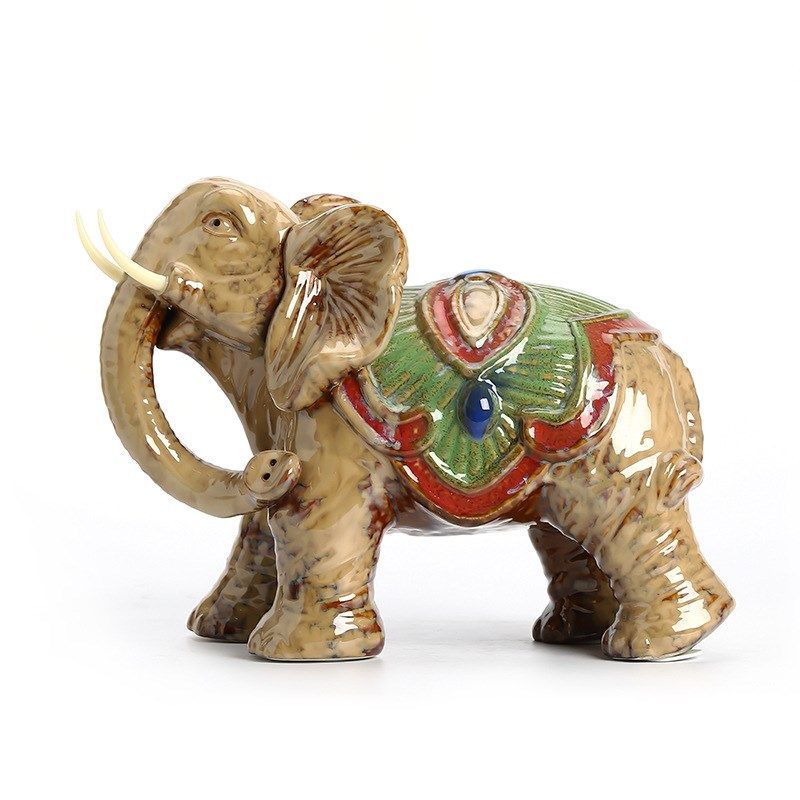 陶瓷大象礼品 创意瓷器窑变釉吉象披叶象套组工艺品摆件