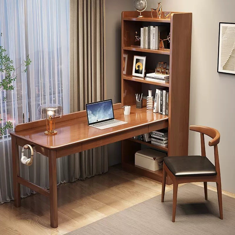 转角书桌书架组合一体台式电脑桌简约家用学生写字桌实木学习桌子