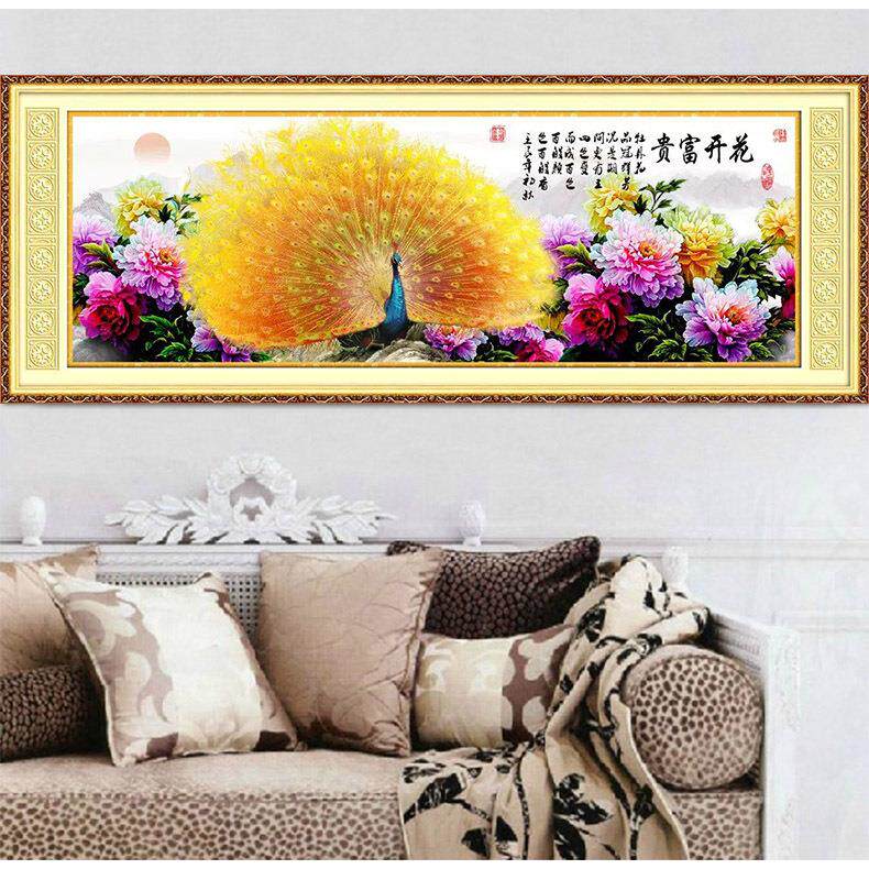 青飞精准印布花开富贵金孔雀十字绣牡丹孔雀开屏满绣客厅大画包邮