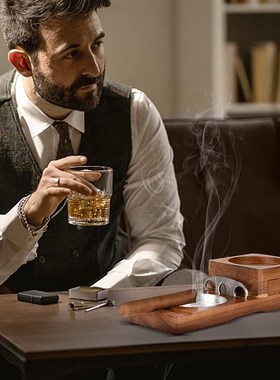 雪茄烟灰缸杯垫威士忌玻璃托盘木质灰色托盘带雪茄槽家用烟灰缸