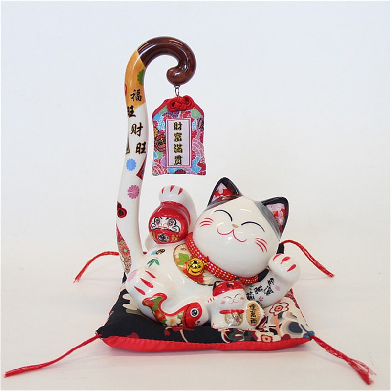 乐喵长尾猫招财猫陶瓷储蓄罐店铺开业家居收银台摆件客厅家居饰品
