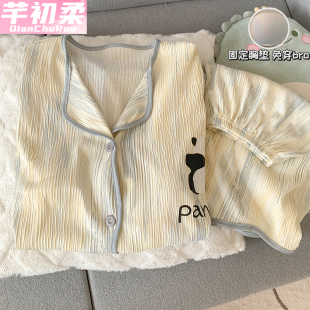 薄款 套装 皱褶肌理感卡通可爱开衫 短裤 家居服短袖 带胸垫睡衣女夏季