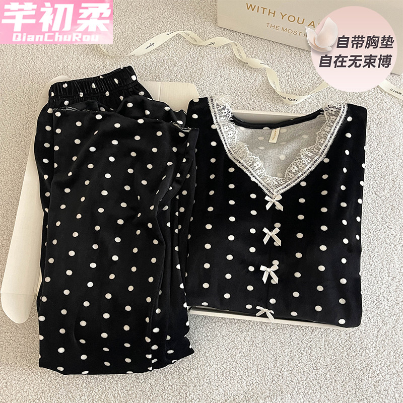 海岛绒睡衣女春秋冬季长袖花边性感网红风带胸垫薄绒家居服两件套,女士内衣/男士内衣/家居服,睡衣/家居服套装,淘宝优惠券,粉丝福利购,淘宝优惠卷