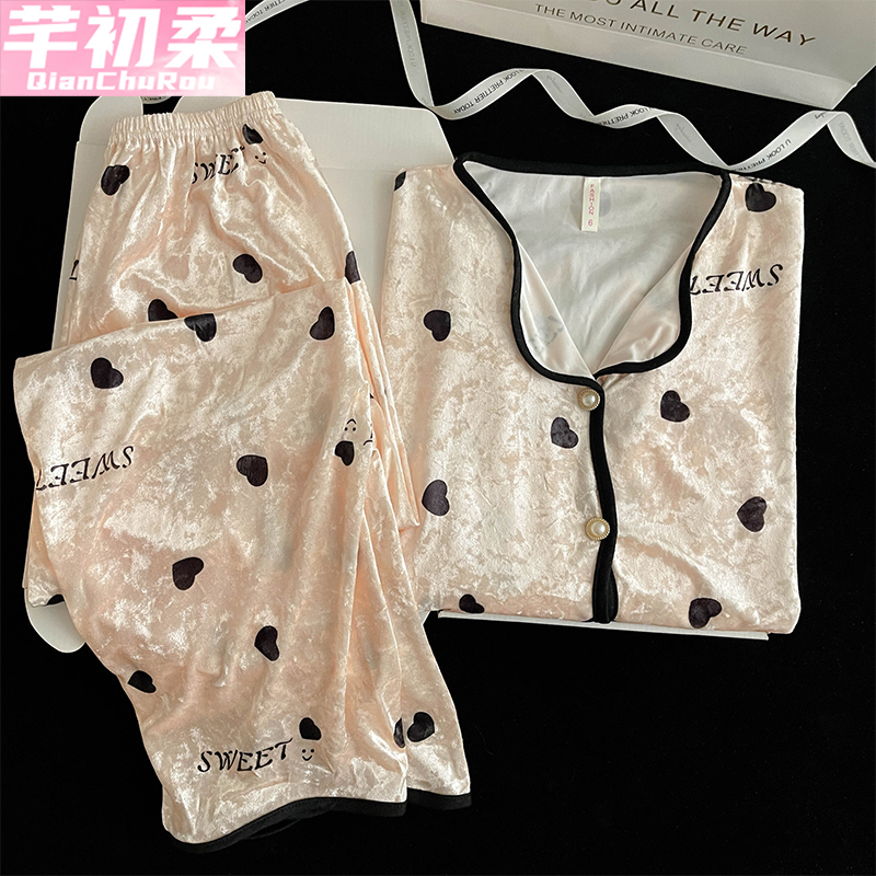 金丝绒公主开衫女睡衣套装