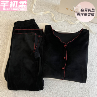 两件套新款 开衫 网红风性感家居服 海岛绒长袖 带胸垫睡衣女春秋冬季