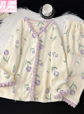 法兰绒睡衣女新款冬季珊瑚绒绿色加绒加厚保暖长袖开衫家居服套装