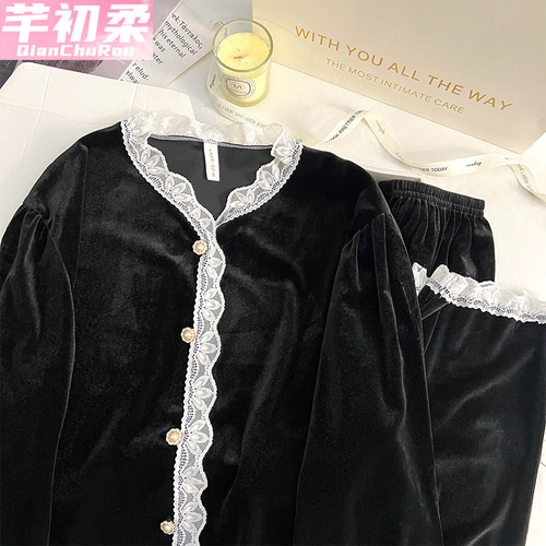 金丝绒蕾丝开衫长袖女睡衣套装