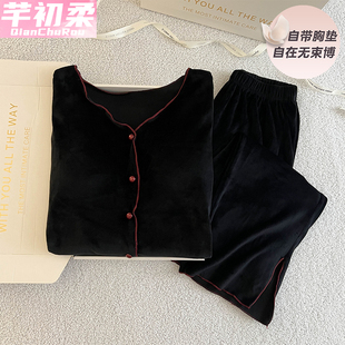两件套新款 开衫 网红风性感家居服 海岛绒长袖 带胸垫睡衣女春秋冬季