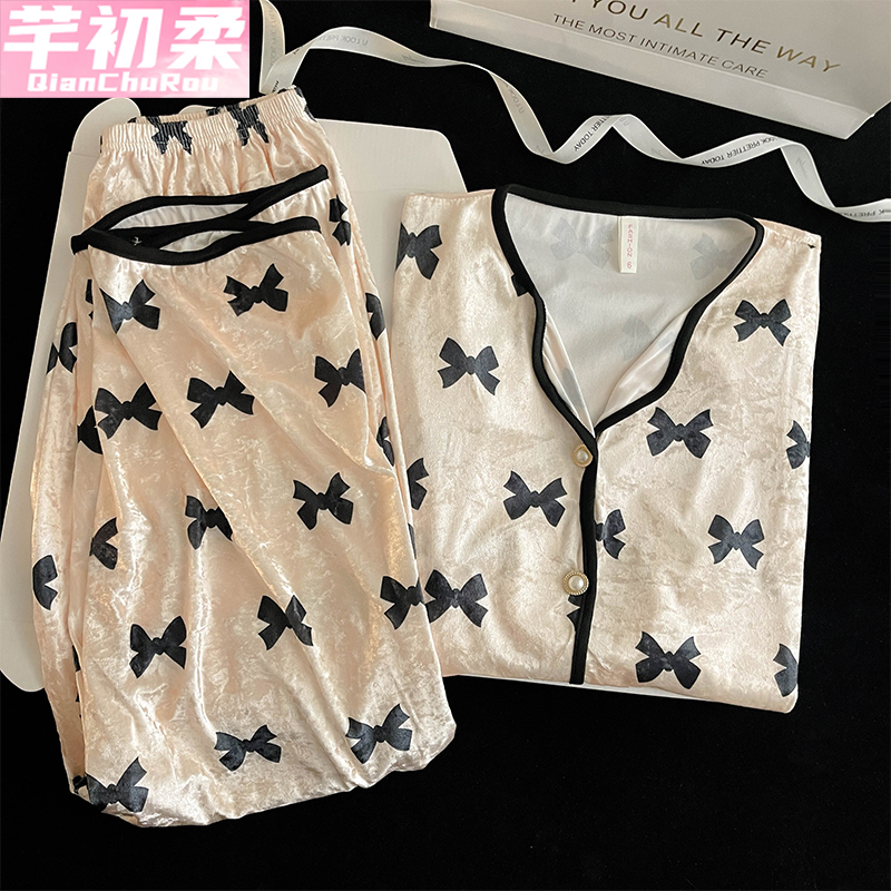 金丝绒公主开衫女睡衣套装