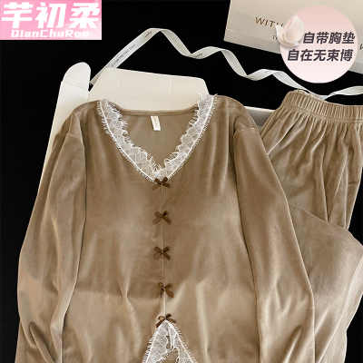 海岛绒睡衣女春秋冬季长袖花边