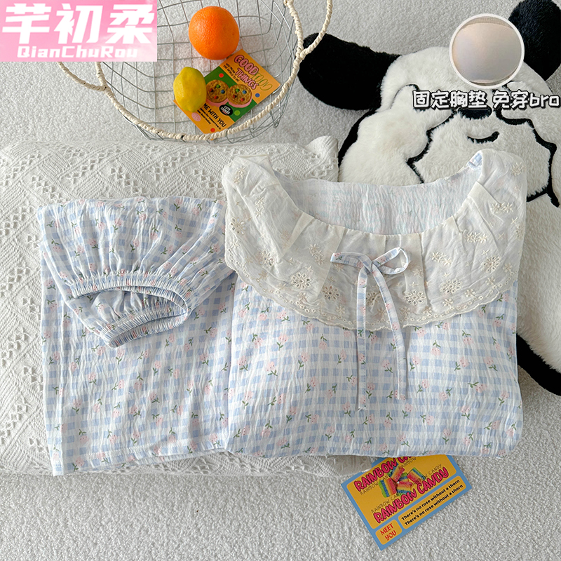 公主风带胸垫皱褶夏季娃娃领睡衣