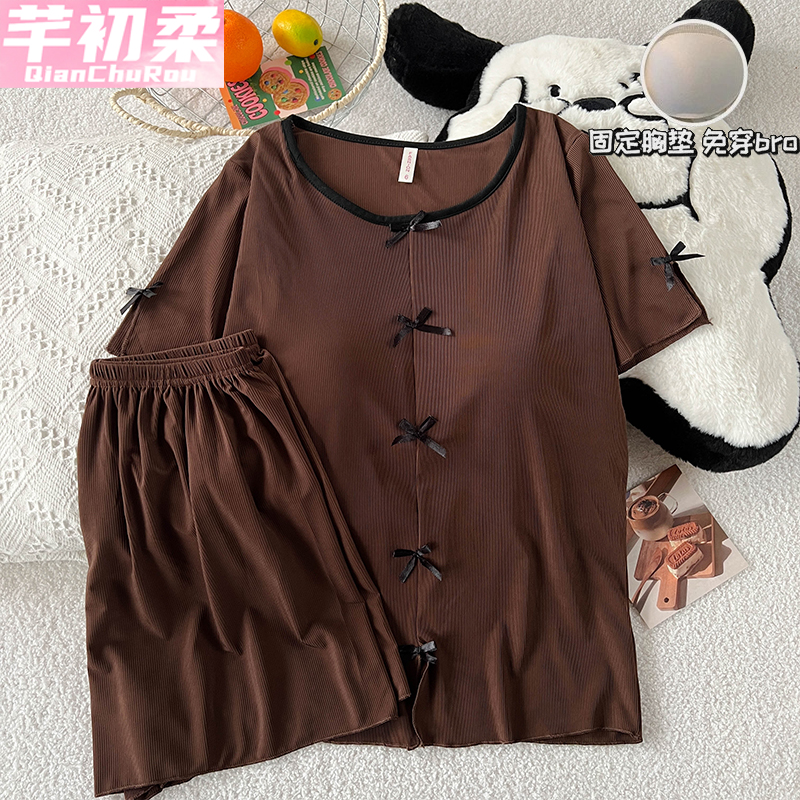 夏季带胸垫睡衣女士短袖短裤套装