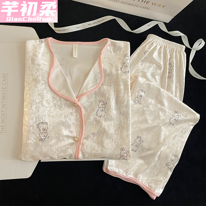 金丝绒公主开衫女睡衣套装