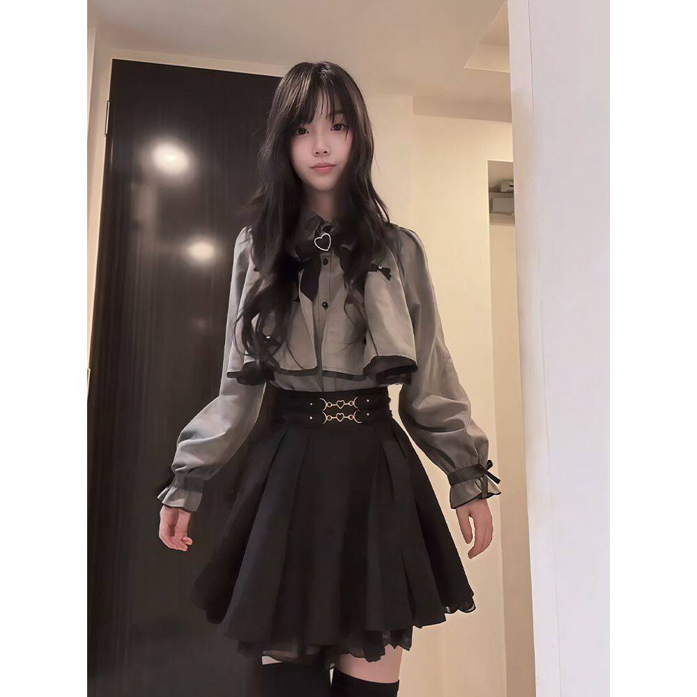 造梦者日系套装喇叭罩衫蝴蝶结层叠褶边衬衫甜辣半身裙女