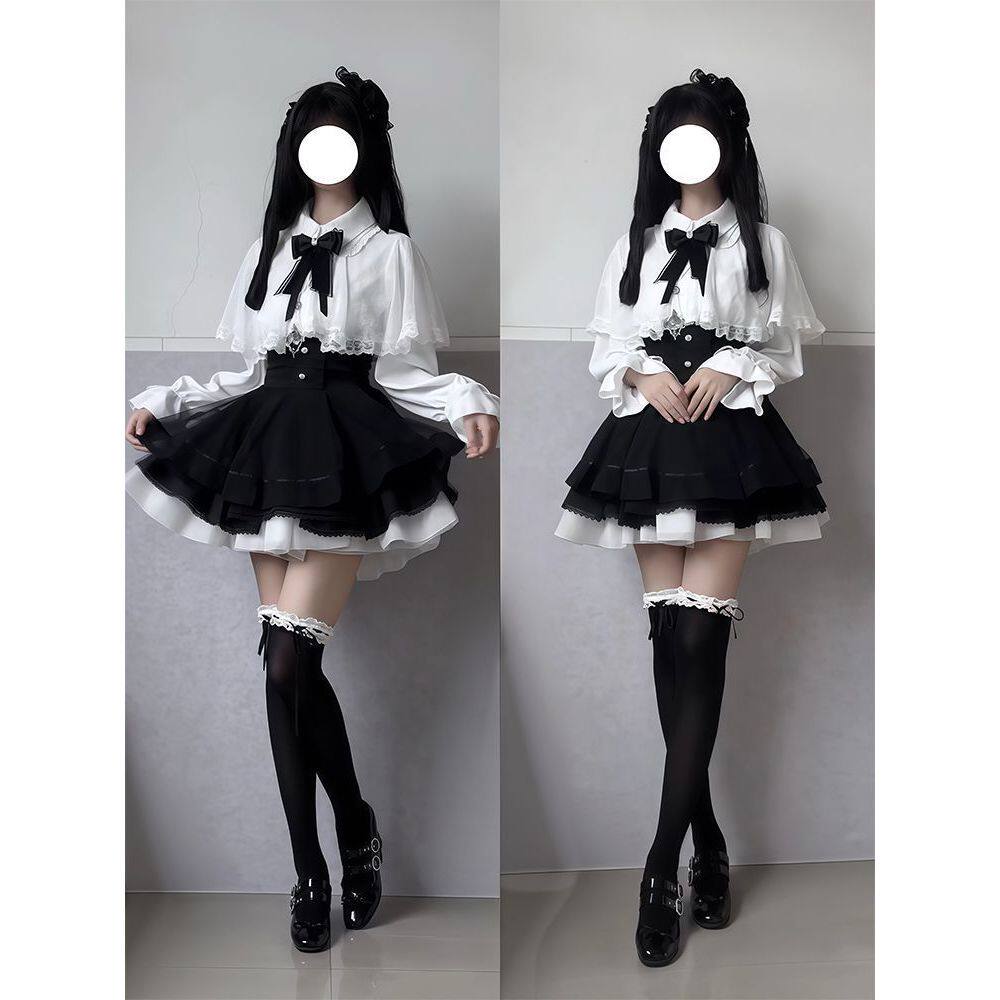 【黑白花信 】斗篷衬衫+短裙两件套女甜美日系蝴蝶结穿搭新款冬季