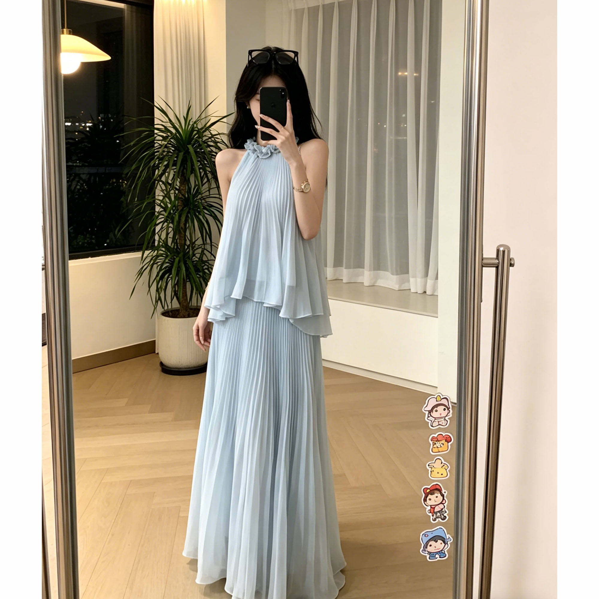 法式气质两件套高级感浅蓝予你雪纺套装挂脖上衣+长款半身裙
