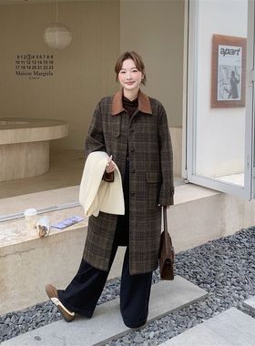 韩系复古格子撞色翻领中长款毛呢外套女秋冬款设计爆款大衣外套女