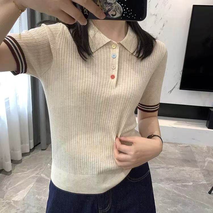polo领精纺拼色羊毛短袖女2026年春夏季新款抽条彩扣气质上衣灰色
