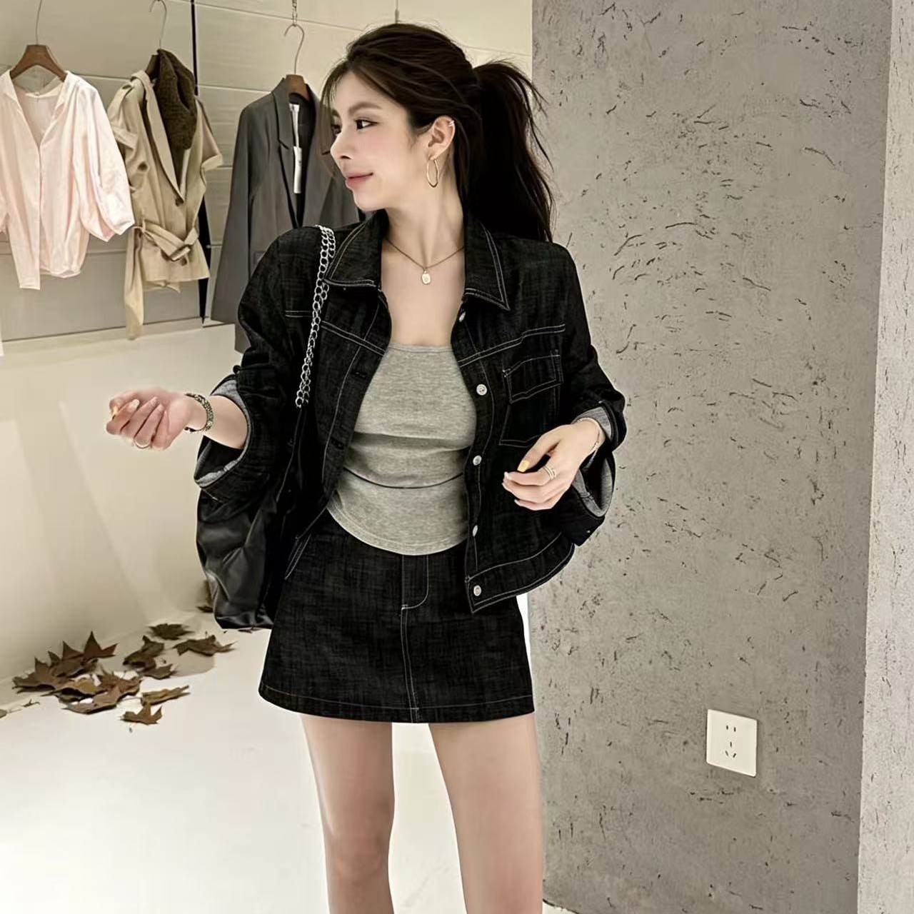 韩系慵懒风牛仔套装裙女2026早秋新款复古休闲外套高腰短裙两件套