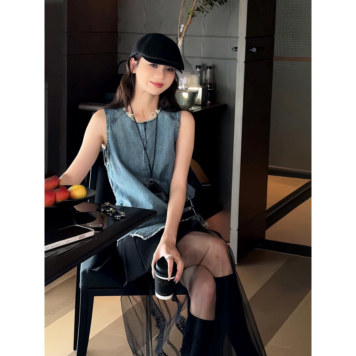 复古牛仔风无袖背心不规则上衣女夏设计感毛边网纱裙显瘦百搭套装