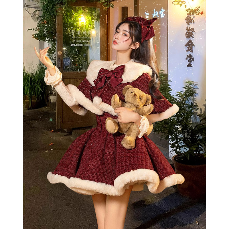 小初雪 冬装新款红色新年战袍毛绒Lolita连衣裙斗篷外套披肩套装