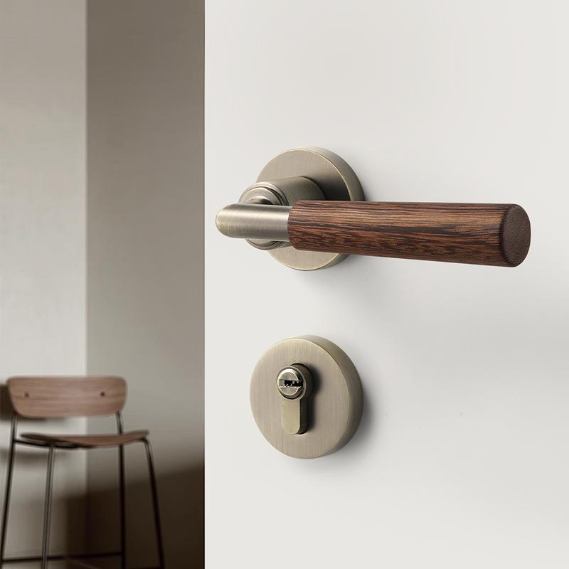 卧室门锁室内复古木门中古风门把手胡桃木静音磁吸中式分体房门锁