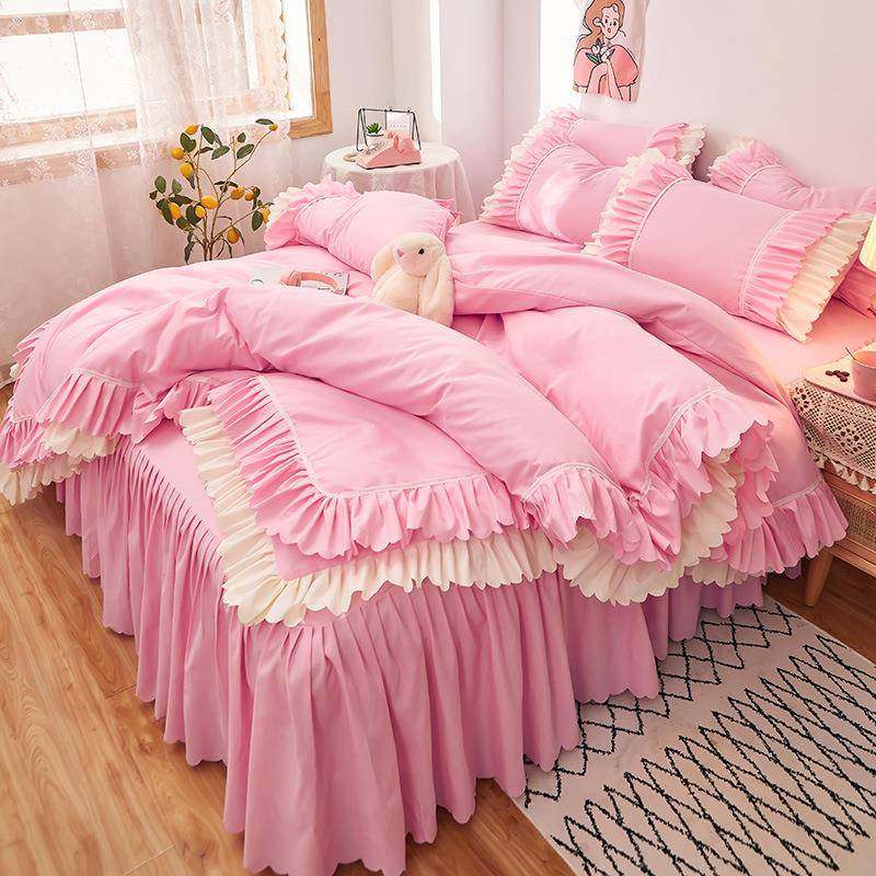 韩版亲肤磨毛双层荷叶边四件套床裙纯色蕾丝边公主床单三件套