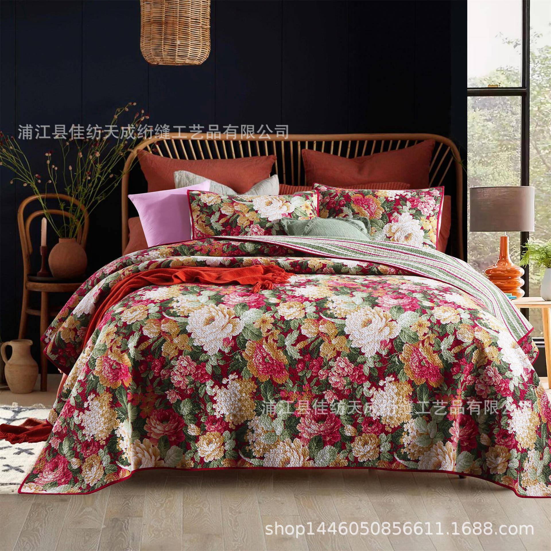 高端婚庆版国色天香牡丹花纯棉磨毛斜纹面料绗缝被装饰被ab三件套
