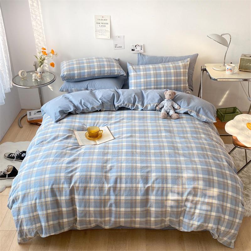 纯棉水洗棉日式格子四件套学生宿舍三件套民宿家用床单被套床笠