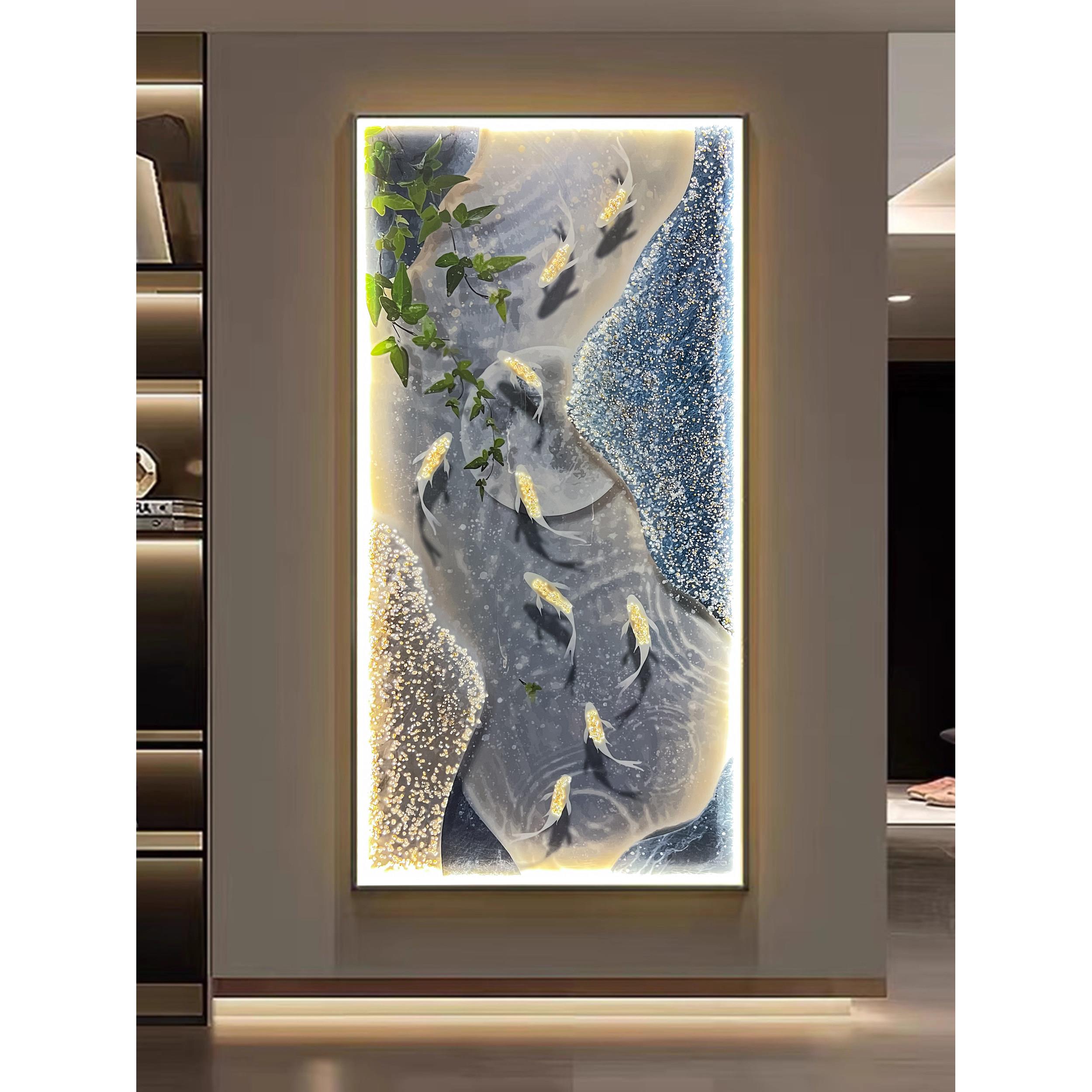 轻奢九鱼画,入口大厅装饰画,入口门,壁挂画,高雅走廊末端垂直