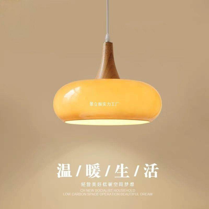 中古原风餐灯实木无品牌/悬线小吊灯简约复古柿子玻璃奶油木风餐