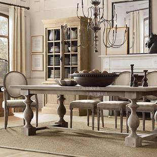 美式 复古做实旧餐台大 乡村木餐桌议新长古典橡木方NSF形饭桌法式