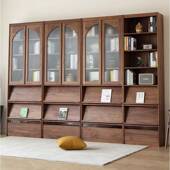 实木书架拱形璃玻门一体墙客厅化满SG 1375简约黑胡桃木墙到顶书