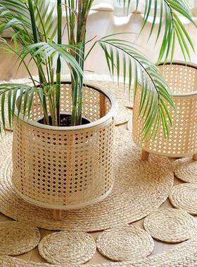 新款藤编花篮手工编织花植盆竹编绿阳花架摆落地件装饰VXE台花园