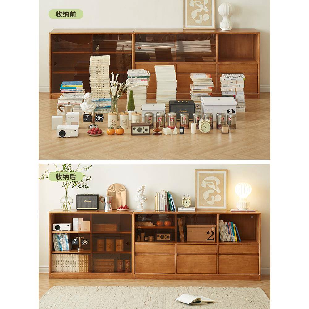 A0L矮书柜带玻璃1F776T586门实木柜书架落地餐柜边客厅电视组合日