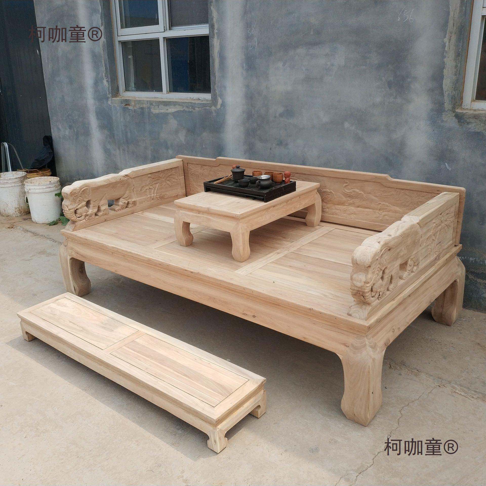 方老榆木新中式罗汉床发实木沙古榻榻米仿雕花榫北卯无品牌/白茬